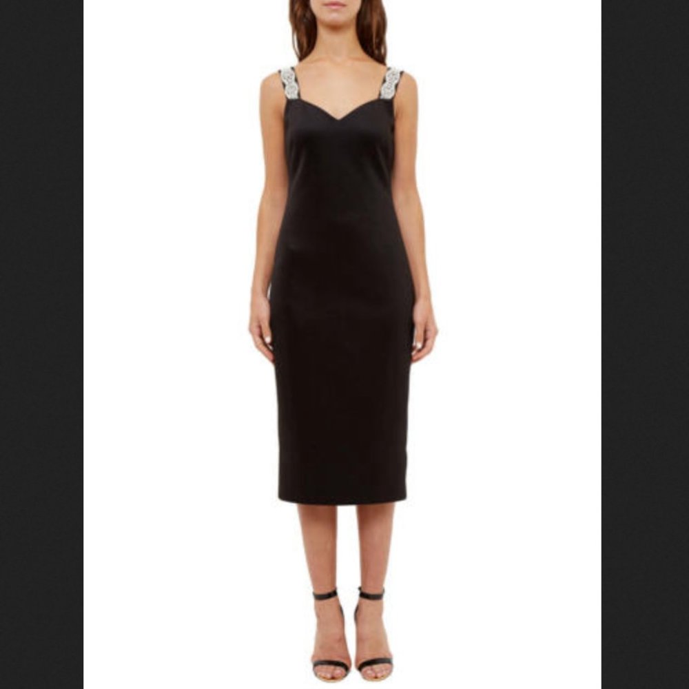 Ted Baker Black Mally Embellished Strap Bodycon Midi Dress Size US 4 Tes Sz 1